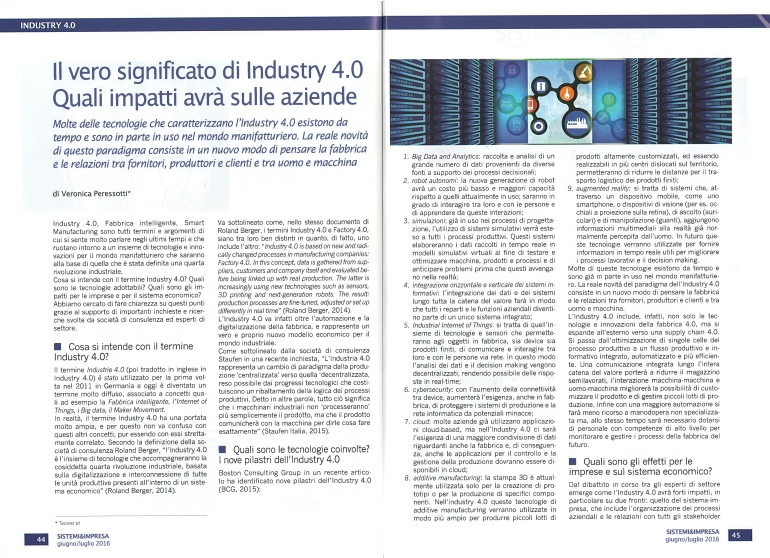 articolo Veronica Peressotti Industria 4.0 su Sistemi e Impresa di giugno 2016